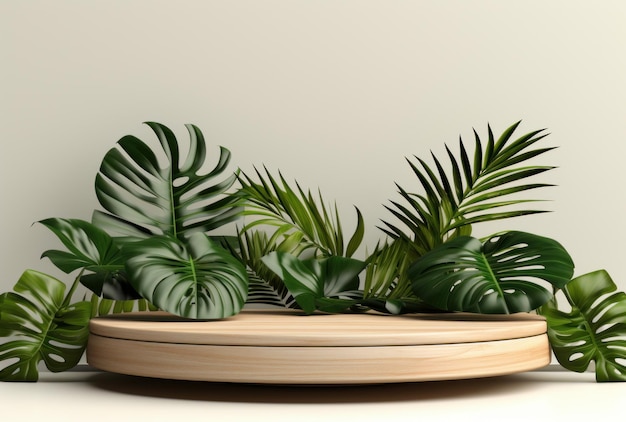 Podio 3D con display in legno, sfondo bianco e foglia di palma verde Monstera. AI generativa