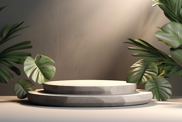 Podio 3D con display in legno, sfondo bianco e foglia di palma verde Monstera. AI generativa