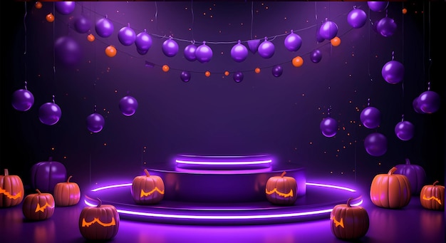Podio 3D in onore della celebrazione di Halloween in colori viola neon con zucche