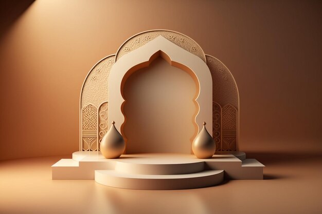 Podio 3D lussuoso ed elegante a tema islamico per l'esposizione del prodotto, podio del Ramadan. Generato dall'intelligenza artificiale