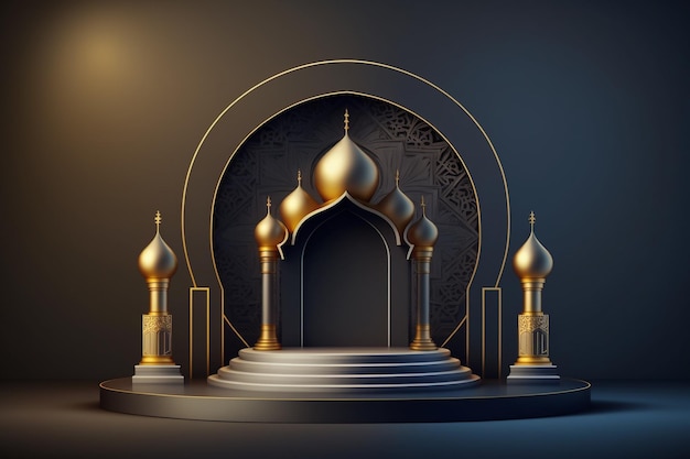 Podio 3D lussuoso ed elegante a tema islamico per l'esposizione del prodotto, podio del Ramadan. Generato dall'intelligenza artificiale