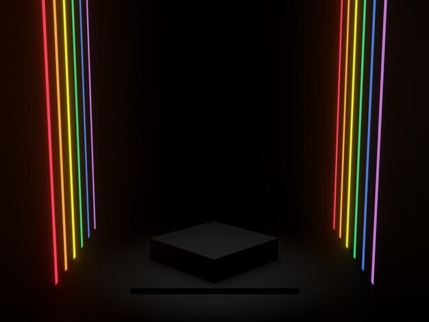 Podio 3D nero con luci al neon arcobaleno LGBTQ