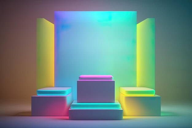 Podio 3D realistico con luce al neon e colori pastello per la visualizzazione del prodotto