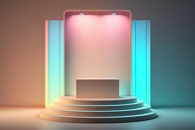 Podio 3D realistico con luce al neon e colori pastello per la visualizzazione del prodotto