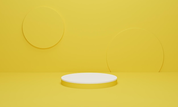 Podio a cilindro bianco su sfondo giallo scena minima con piattaforma geometrica gialla Supporto per podio per la visualizzazione di prodotti 3d rendering illustrazione 3d