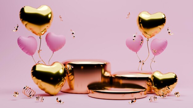 Podio a tema San Valentino rosa e oro reso in 3D con coriandoli e palloncini d'amore