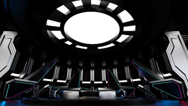 Podio all'interno dell'astronave o della stazione spaziale Presentazione del prodotto sul palco del tunnel di fantascienza Rendering 3D