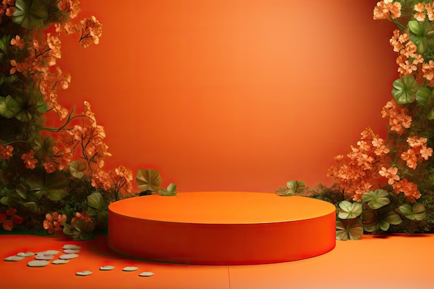 podio arancione vicino girato studio backg iridescente con trifoglio