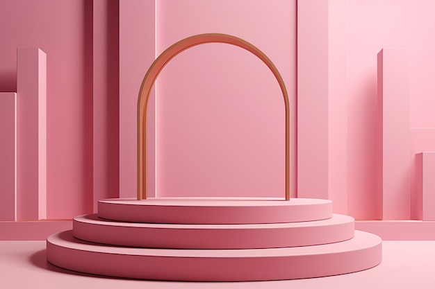 Podio architettonico moderno rosa stand per il posizionamento del prodotto rendering 3d generato dall'intelligenza artificiale