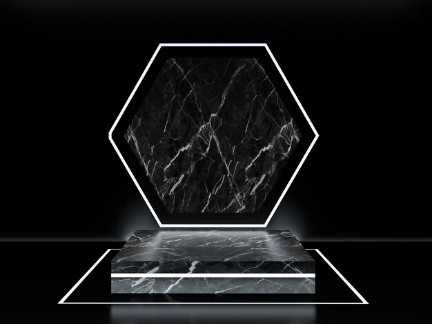 Podio astratto in marmo nero Piattaforma quadrata per la visualizzazione di prodotti pubblicitari con rendering 3D di sfondo bianco con cornice esagonale