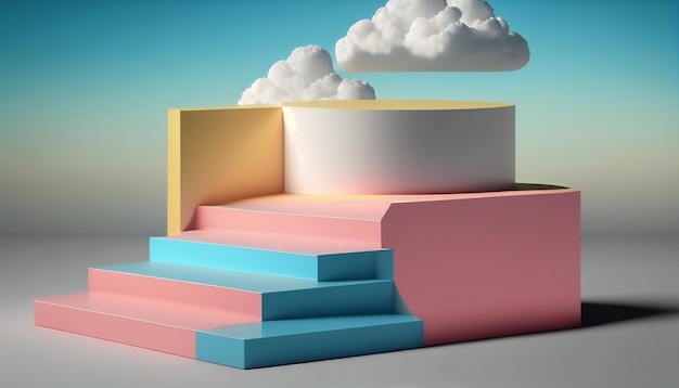 Podio beige 3D con cielo blu e rosa e nuvole IA generativa