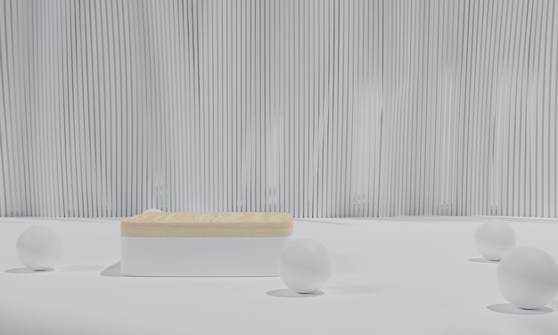 Podio bianco e piedistallo con sfondo bianco o piedistallo del podio in esposizione pubblicitaria con rendering 3D di sfondi vuoti