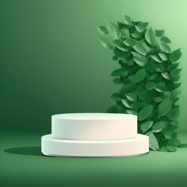 Podio bianco per la visualizzazione del prodotto con foglie verdi su sfondo verde illustrazione 3d