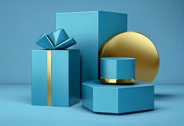 Podio blu con scatole regalo blu e nastro d'oro su studio blu Generative ai