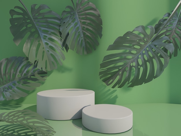 Podio bottiglia cosmetica con foglia verde su sfondo verde rendering 3d