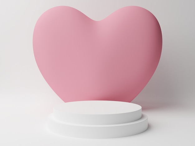 Podio cerchio bianco con cuore rosa pastello con tavolo bianco. Concetto di San Valentino. Illustrazione di rendering 3D