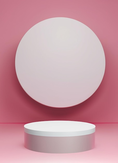 Podio cilindrico bianco nella stanza con sfondo rosapiattaforma geometrica per l'esposizione del prodotto presente