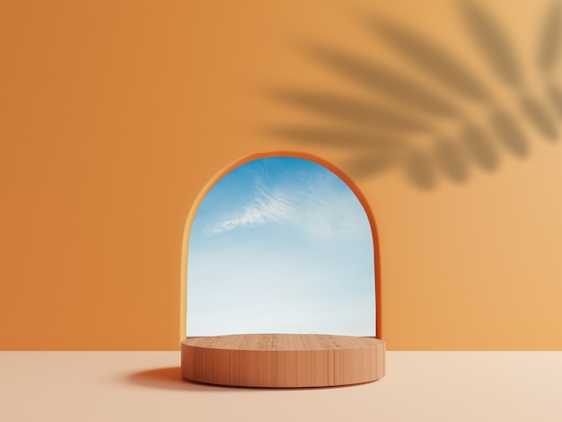 Podio cilindrico in legno con scena minima del cielo di nuvole blu dalla finestra rotonda e lasciare ombra sulla parete arancione per la visualizzazione sul palco del prodotto estivo mediante tecnica di rendering 3d.