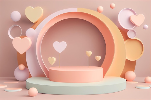 Podio cilindrico pastello vuoto con cuori 3D e sfondo dello spazio di copia Interno di San Valentino con piedistallo Spazio mockup per la visualizzazione del rendering 3D del prodotto