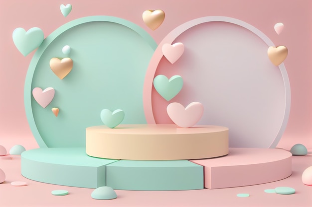 Podio cilindrico pastello vuoto con cuori 3D e sfondo dello spazio di copia Interno di San Valentino con piedistallo Spazio mockup per la visualizzazione del rendering 3D del prodotto