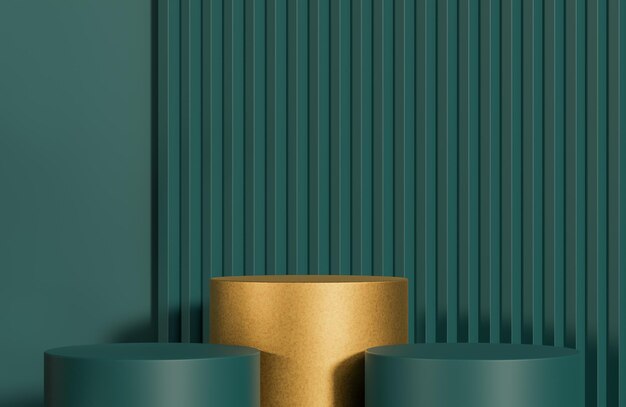 Podio cilindro verde e dorato per la presentazione del prodotto su sfondo verde parete seghettata modello minimal style3d e illustrazione
