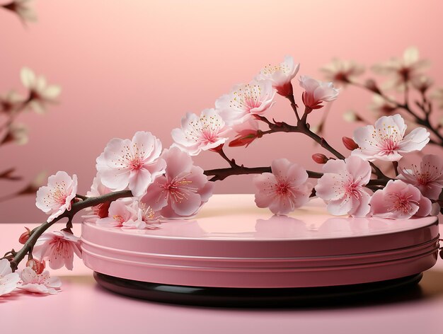 Podio con display 3D su sfondo di fiori rosa pastello