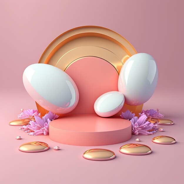 Podio con illustrazione rosa 3D decorato con uova e fiori per lo stand del prodotto Vacanze di Pasqua