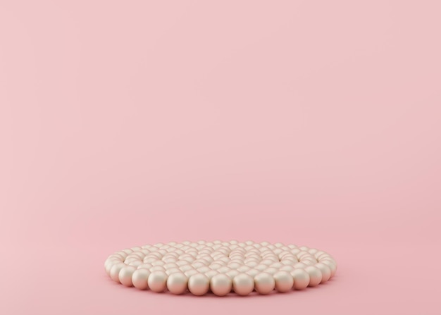 Podio con perle su sfondo rosa Elegante podio per la presentazione di prodotti cosmetici Mock up di lusso Piedistallo o piattaforma per prodotti di bellezza Rendering 3D di scena vuota