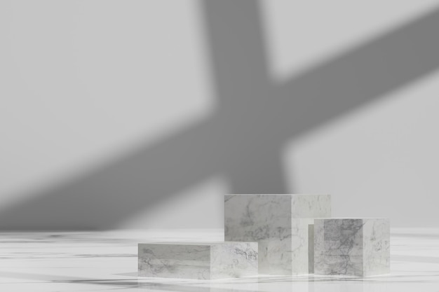 Podio con tre lastre cubiche in marmo per la presentazione del prodotto Sfondo grigio per la presentazione del prodotto con belle luci e ombre