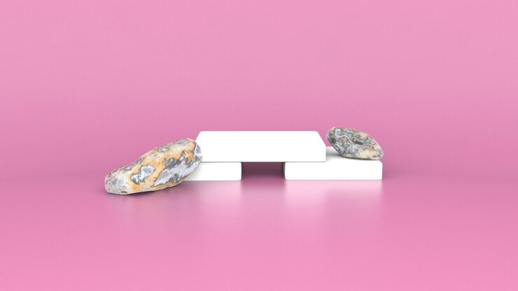Foto podio cubo bianco minimo con espositore per prodotti in pietra moderno set da studio rock rendering 3d