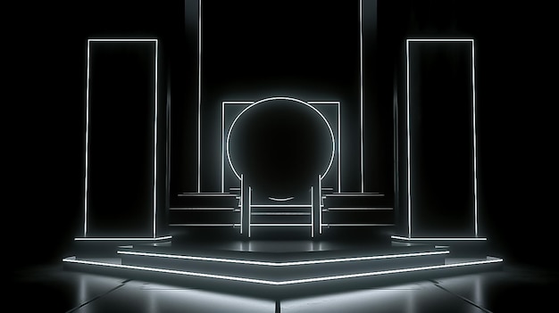 Podio cyberpunk con luci al neon ed elementi futuristici in una scena spaziale generata dall'intelligenza artificiale