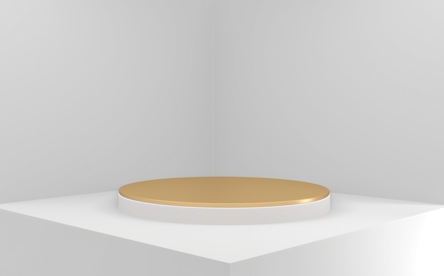 Podio d'oro su sfondo bianco minimo geometrico. Rendering 3D