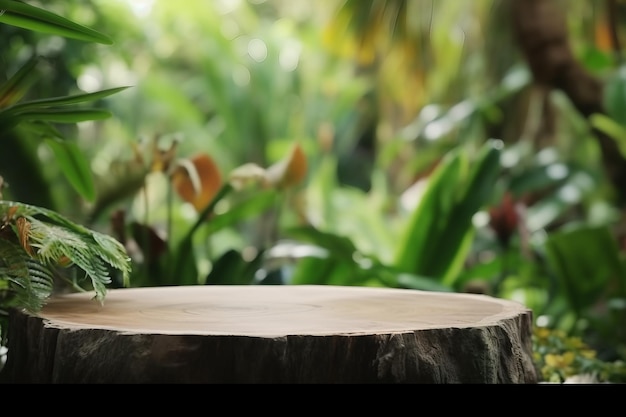 Podio da banco in legno con piano d'appoggio vuoto nella foresta tropicale all'aperto del giardino sfocato sullo sfondo di una pianta verde con prodotto spaceorganic presente display a piedistallo di posizionamento naturale