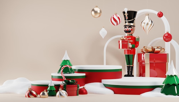 Podio del cilindro di rendering 3D a Natale Babbo Natale e albero di Natale, scatole regalo, nastro,