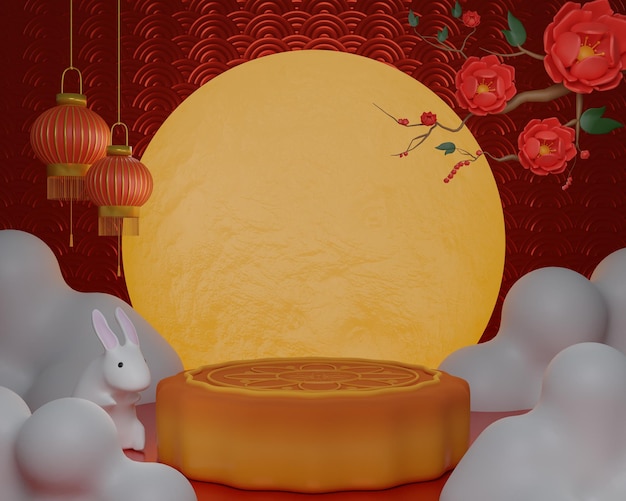 Podio del festival cinese di metà autunno di Mooncake Rendering 3d di metà autunno