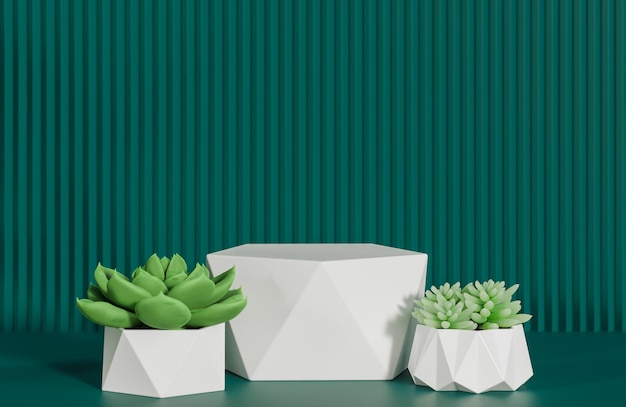 Podio del prisma bianco per la presentazione del prodotto e cactus sul modello e sull'illustrazione minimi di style3d del fondo dentellato verde della parete