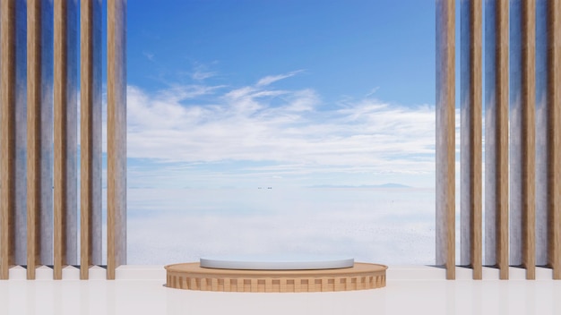 podio del prodotto in legno pulito con sfondo cielo rendering 3d