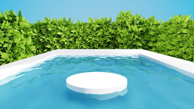 Podio del prodotto in piscina, cielo azzurro e cespugli verde brillante sullo sfondo