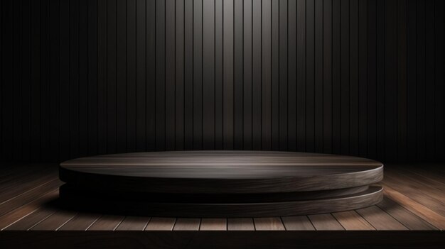 Podio del prodotto minimalista astratto in legno di ebano. La scena per la presentazione del prodotto. Sala 3D con piedistallo da palco con piattaforma geometrica. Mockup sul podio generato da Ai per la pubblicità di un prodotto.