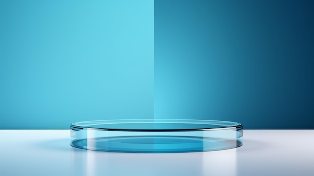 Podio del prodotto minimalista astratto in vetro blu La scena per la presentazione del prodotto Stanza 3D con piattaforma geometrica Piedistallo del palco Mockup del podio generato da Ai per la pubblicità di un prodotto