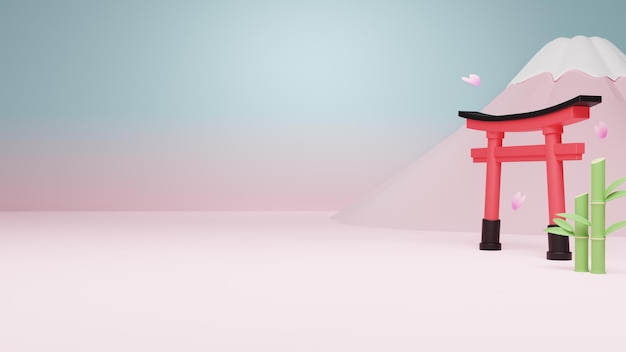 Podio dell'esposizione del prodotto su sfondo in stile giapponese con Mt Fuji torii e bamboo 3D rendering 3d'illustrazione