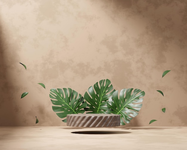 Podio della piattaforma di rendering 3D con sfondo di presentazione del prodotto vegetale monstera