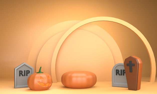 Podio della zucca 3D con l'elemento di halloween e lo sfondo dell'anello del cerchio