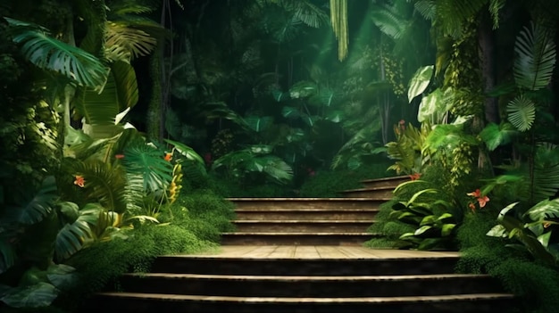Podio delle scale nella foresta tropicale per la presentazione del prodotto e la parete verde IA generativa