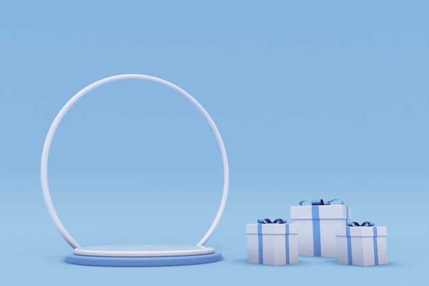 Podio di design blu 3D di buon Natale e felice anno nuovo con confezione regalo Sfondo per le vacanze invernali