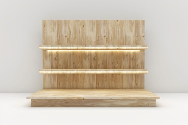 podio di esposizione di prodotti in legno bianco sullo sfondo