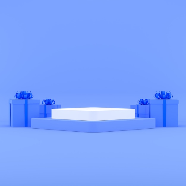 Podio di forma geometrica e scatole regalo con il concetto di colore blu Copia spazio per la presentazione del prodotto