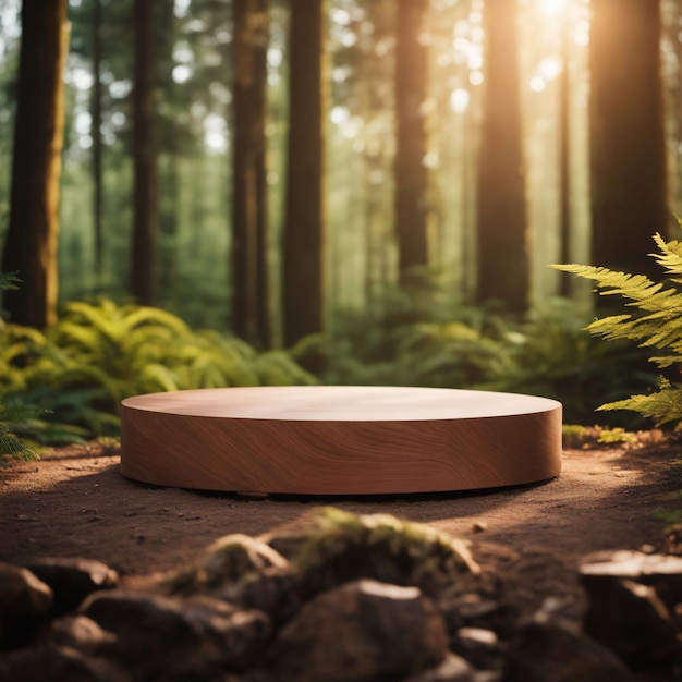 Podio di legno di esposizione di pubblicità del prodotto cosmetico sul fondo della foresta