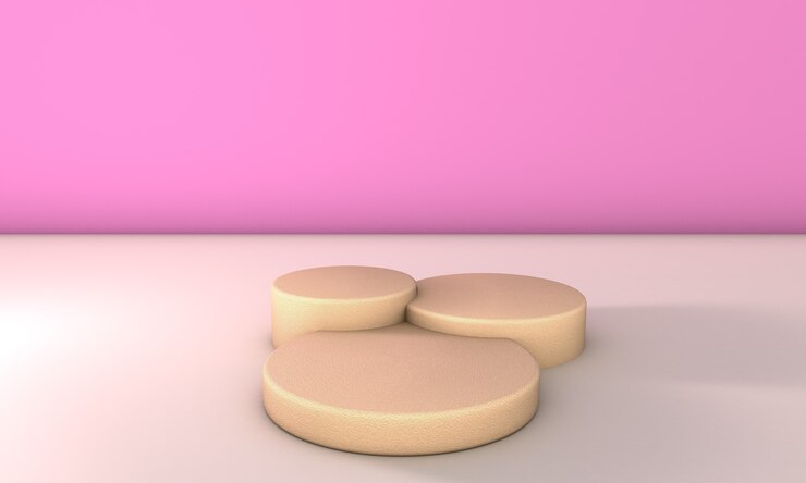 Podio di pietra in sfondo rosa. Illustrazione 3D
