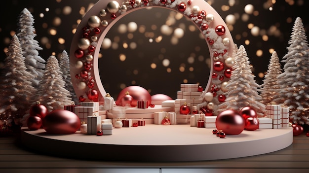 Podio di rendering 3D con atmosfera di buon Natale